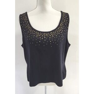 St. John Evening Black Knit Tank Top Gold Studded Scoop Neck Wool Blend XL